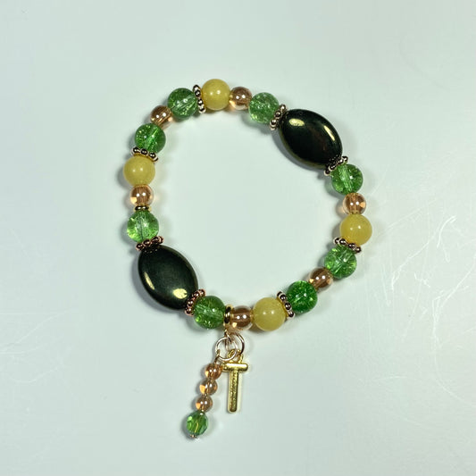 B24-39 - Green & Yellow Stretch Bracelet w/ Initial Charms