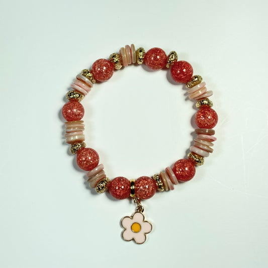 B24-44 - Peach & Red-Orange  Stretch Bracelet w/ Flower Charm