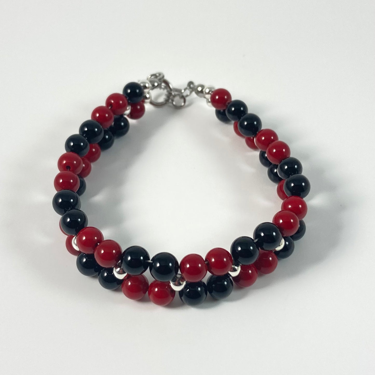 B24-27 - Red & Black Double Strand Bracelet w/ Silver Closure