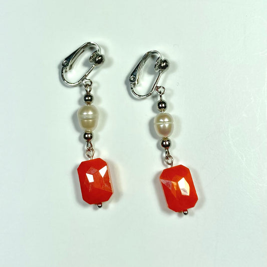 E24-S3 - Orange & Fresh Water Pearl Clip-On Earrings