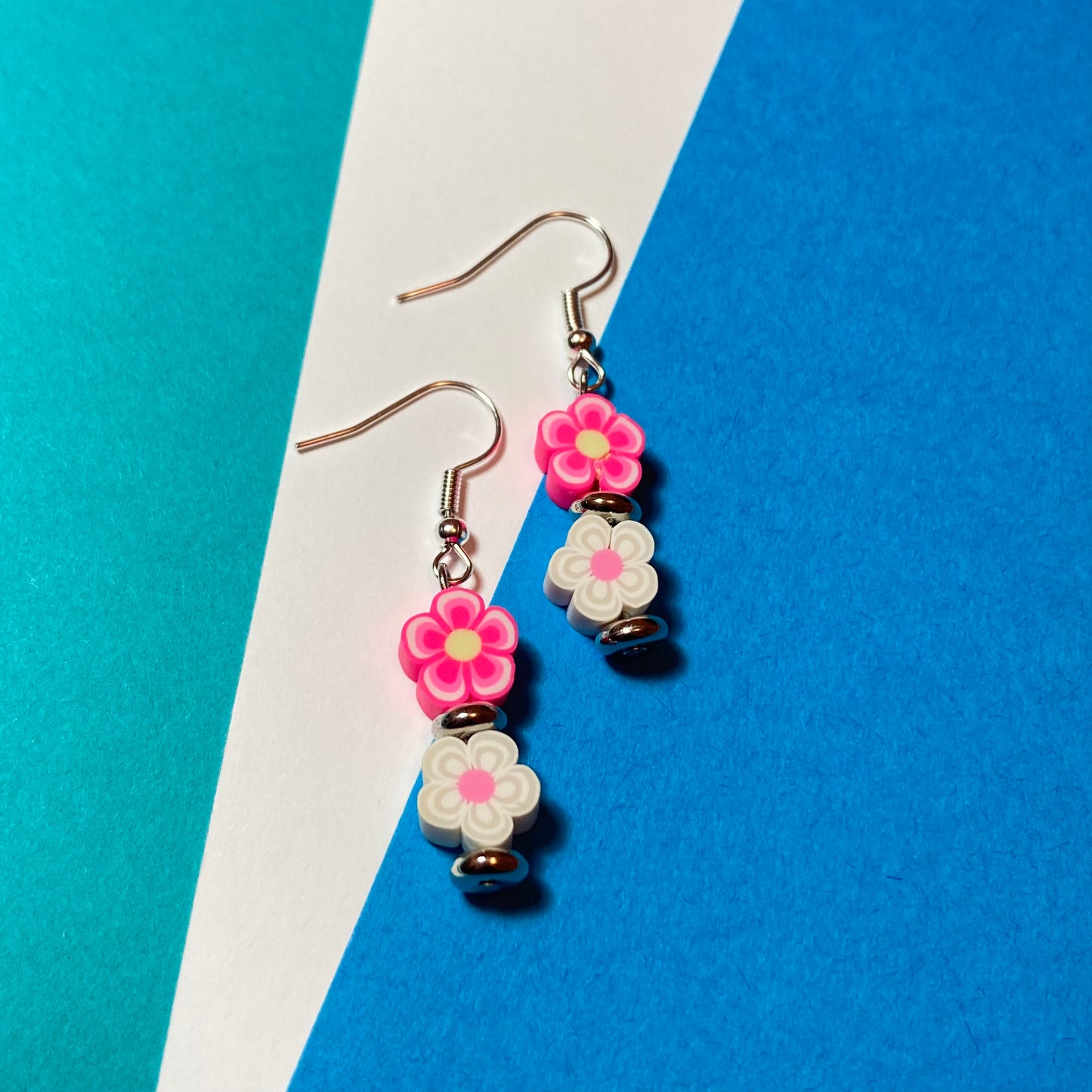 E24-YF1 - Pink & White Polymer Flower Earrings