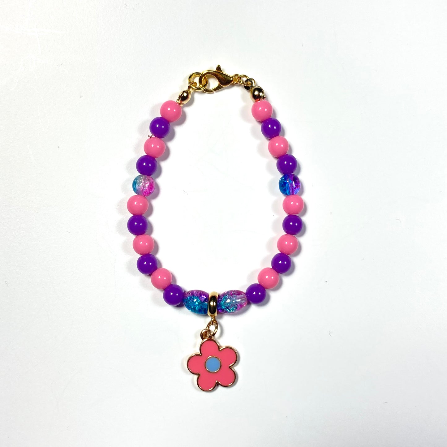 GB24-50 - Pink & Purple Beaded Bracelet w/ Flower Charm