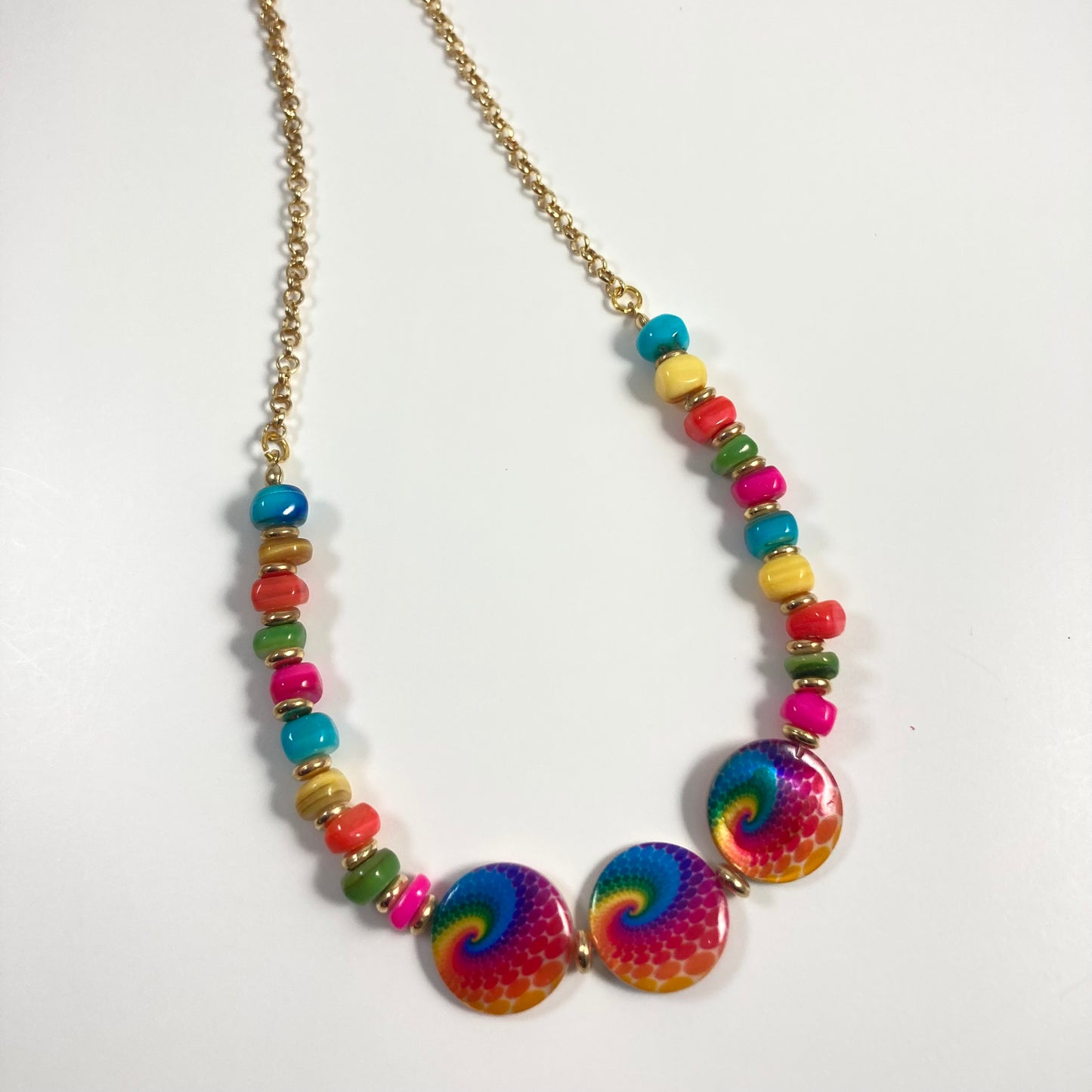 N24-C1 - Orange, Yellow, Green, Blue & Gold Necklace with Multi-Colored Disc Focal