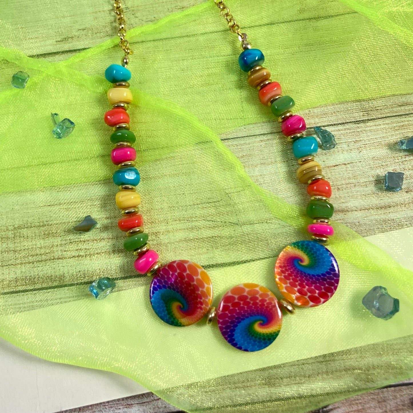 N24-C1 - Orange, Yellow, Green, Blue & Gold Necklace with Multi-Colored Disc Focal