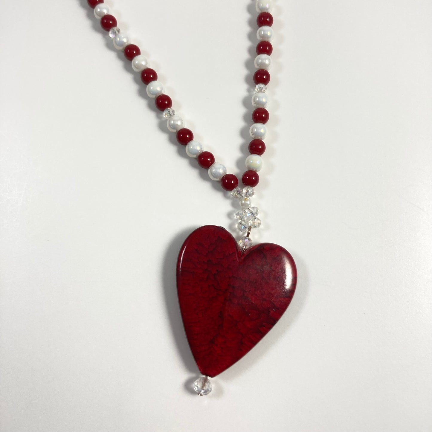 N24-C3 - Red, White & Clear Necklace w/ Red  Heart Focal on Gold Chain