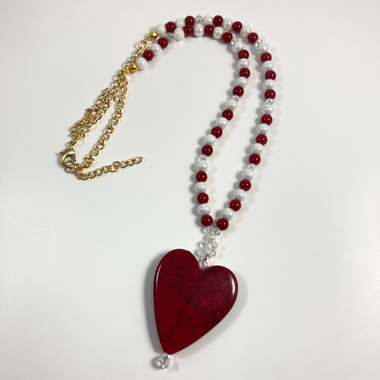 N24-C3 - Red, White & Clear Necklace w/ Red  Heart Focal on Gold Chain