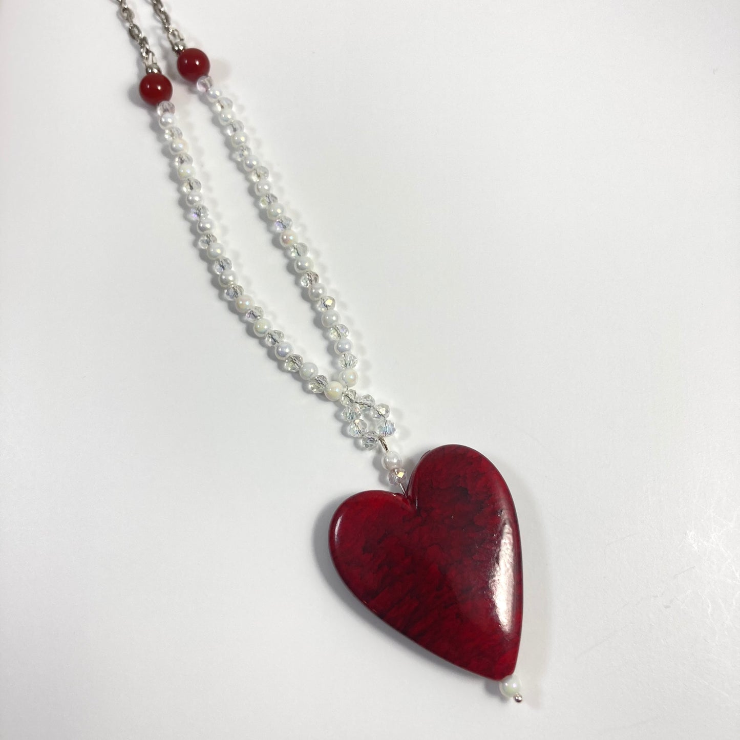 N24-C4 - Red, White & Clear Necklace w/ Red Heart Focal on Silver Chain