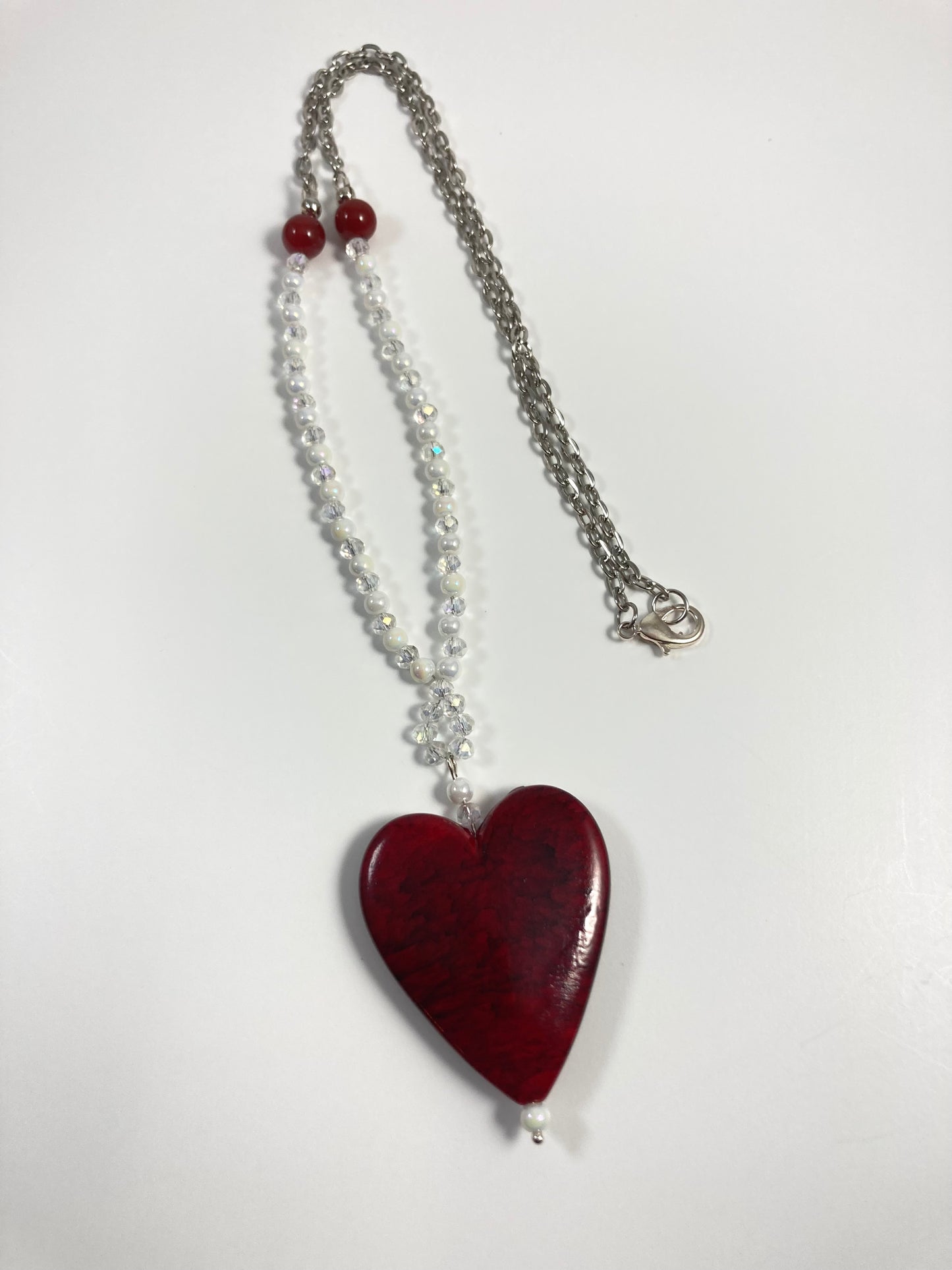 N24-C4 - Red, White & Clear Necklace w/ Red Heart Focal on Silver Chain