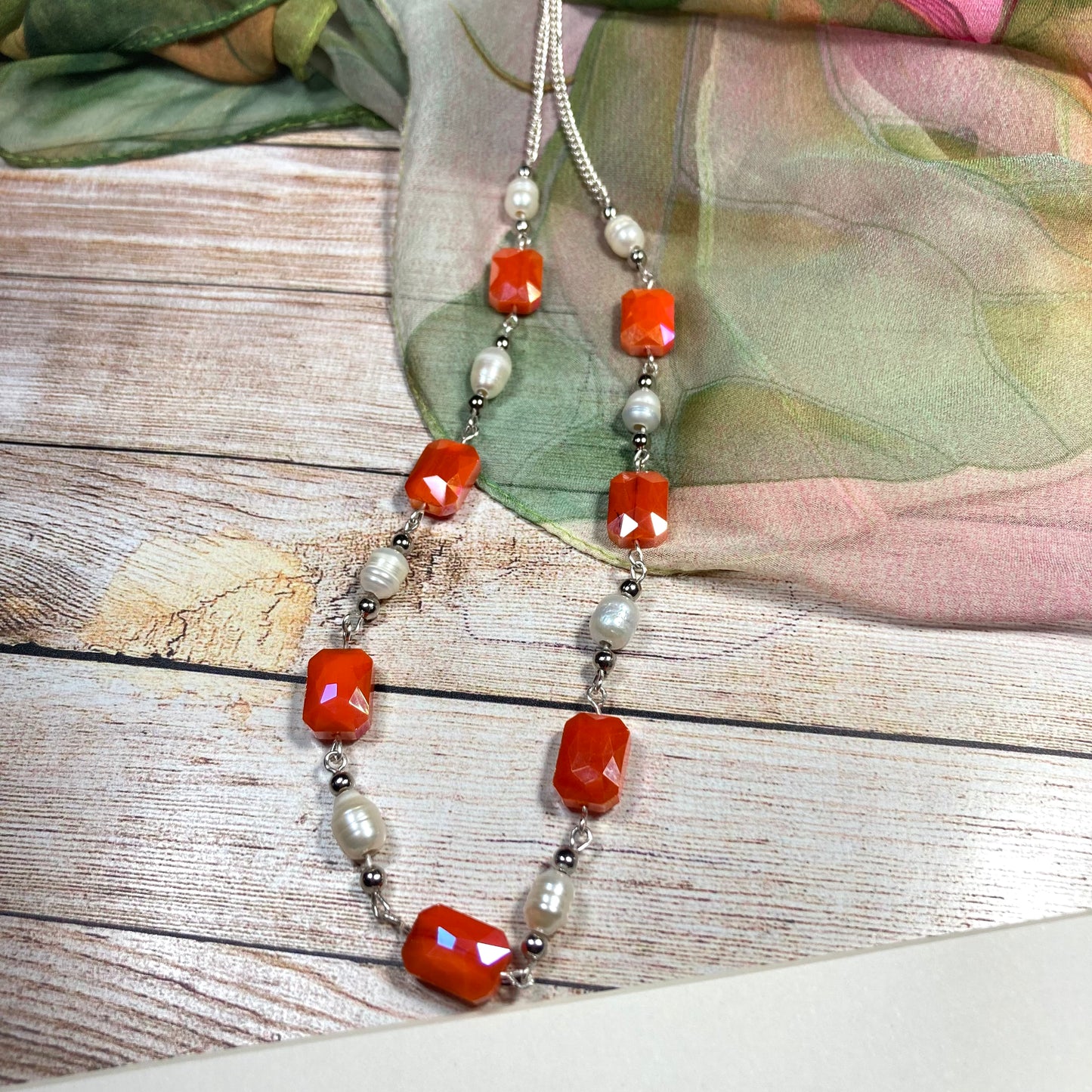 N24-C5 - Orange & Fresh Water Pearls Necklace w/ Silver Accents