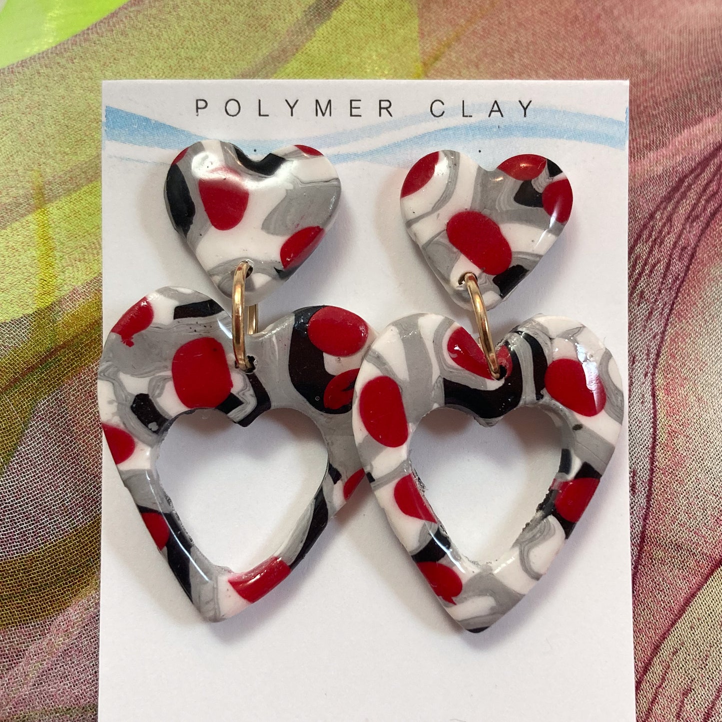 PLYCL-03 Red, Black and White Marbled Double Heart Earrings