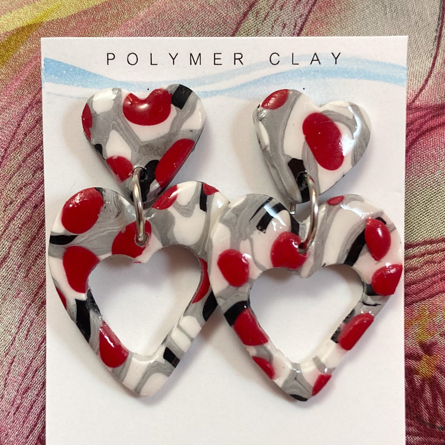 PLYCL-02 Red, Black and White Marbled Double Heart Earrings