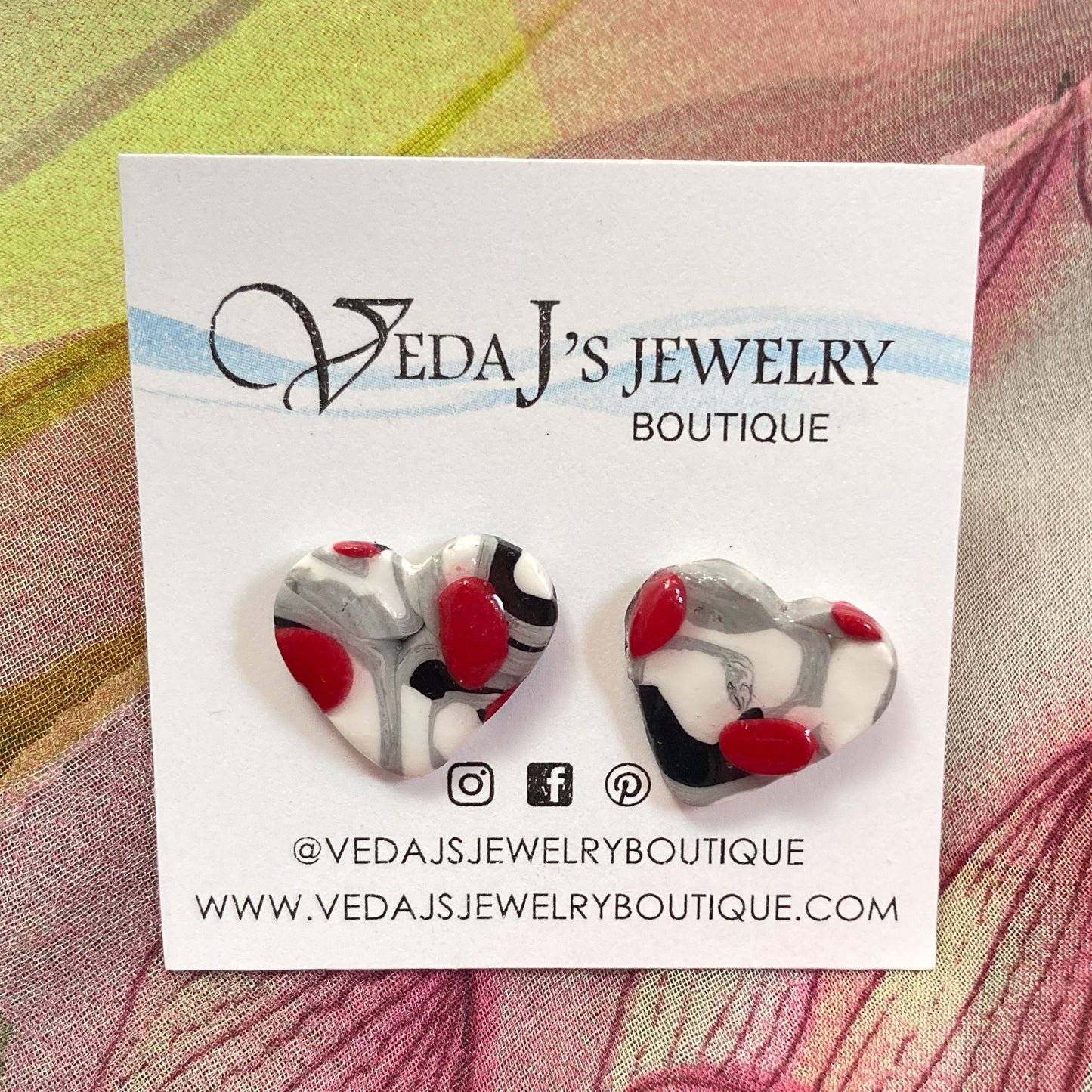 PLYSTD-02 Red, Black & White Marbled Heart Silver Stud Earrings