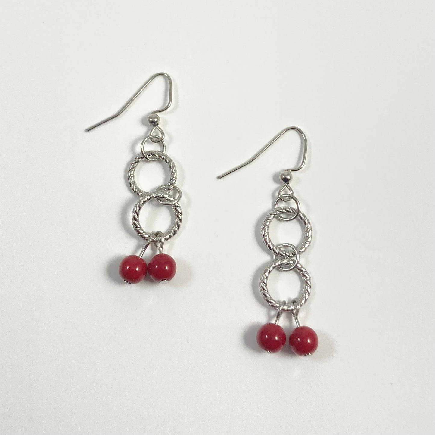 VE24-26 - Pomegranate Red Bead w/ Double Silver Rings Dangle Earrings